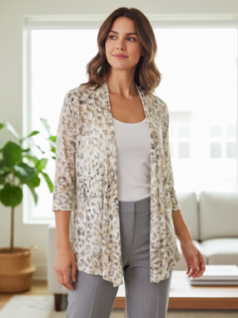 Chico's Open Front Animal Print Lightweight 3/4 Sleeve Cardigan Size 2